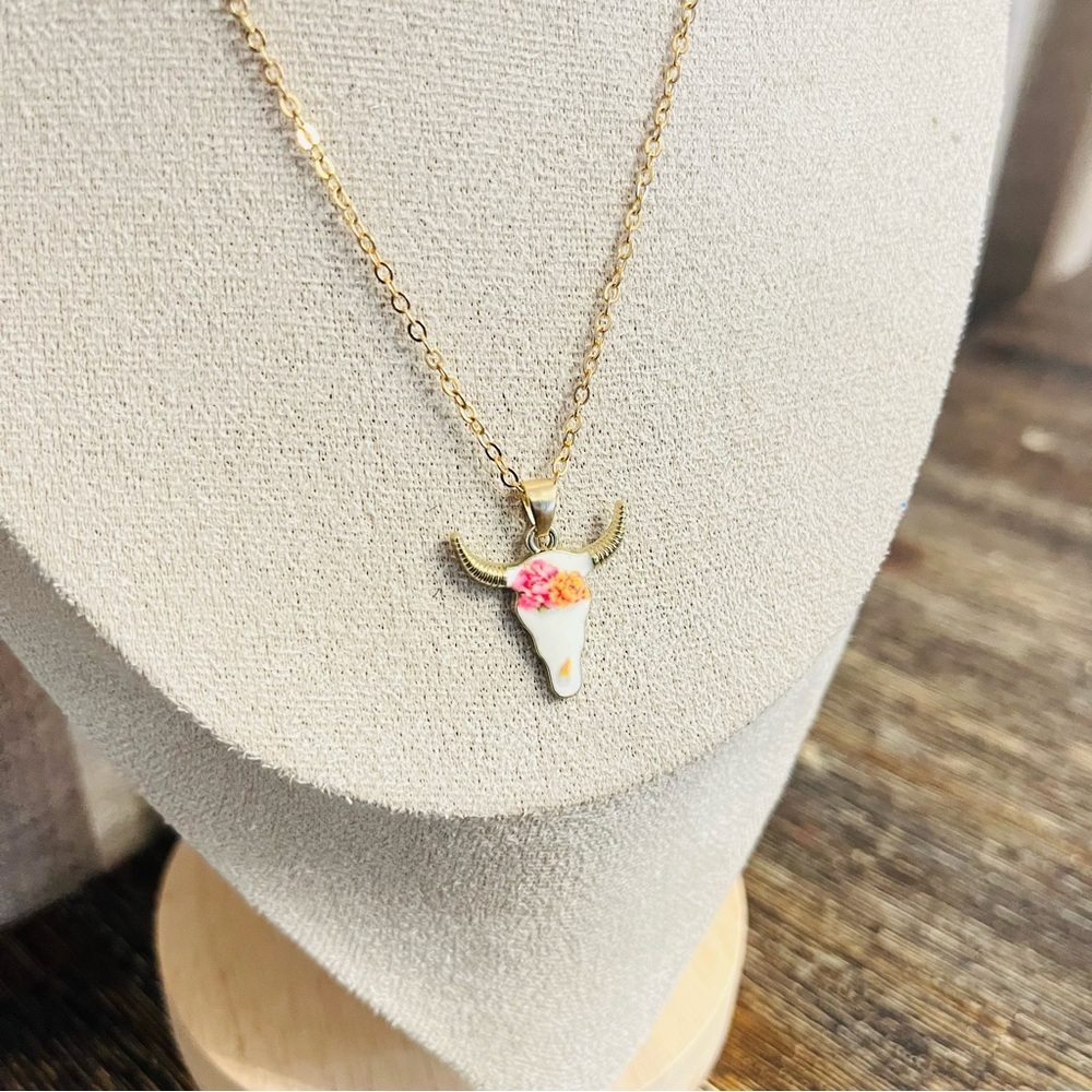 Boho Floral Bull Skull Necklace – Gold Chain Pendant – Western Chic Jewelry - Picture 4 of 4